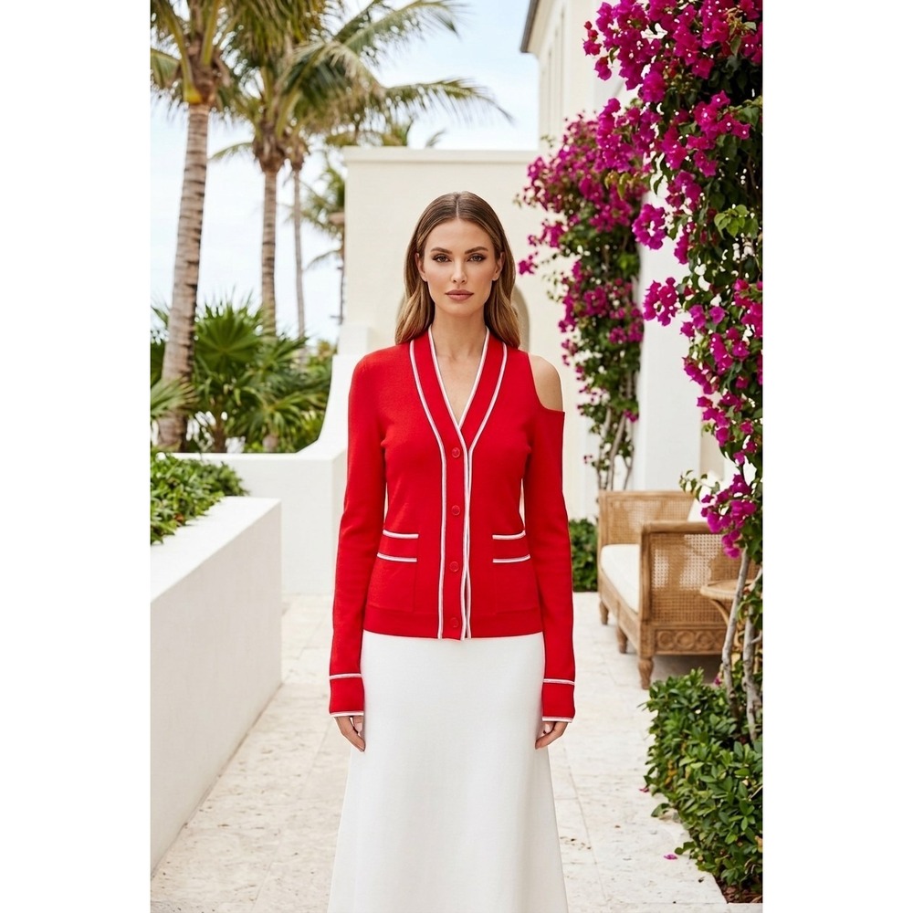 Monse Red Cold Shoulder Cardigan Sweater White Trim Cotton Modal XS